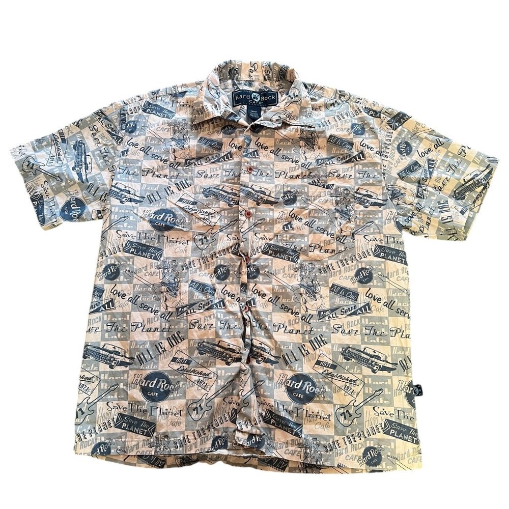 Hard Rock Cafe Button Up Shirt Men's Size M Save The Planet Love All Serve All